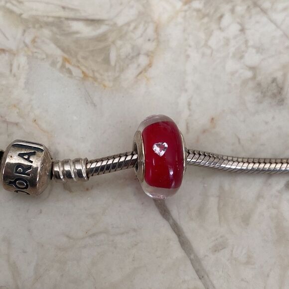 925 Sterling Silver Murano Glass Crystal Heart Charm Bead Pandora Compatible - Picture 2 of 6
